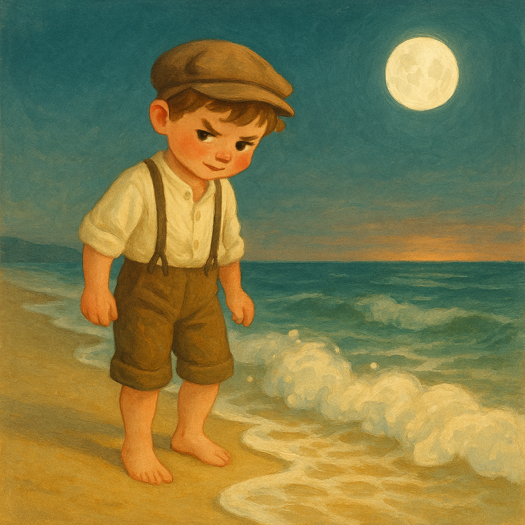 A young boy watches a foaming wave rush toward him on the beach, in "The Tide" by Mary Graham Bonner.