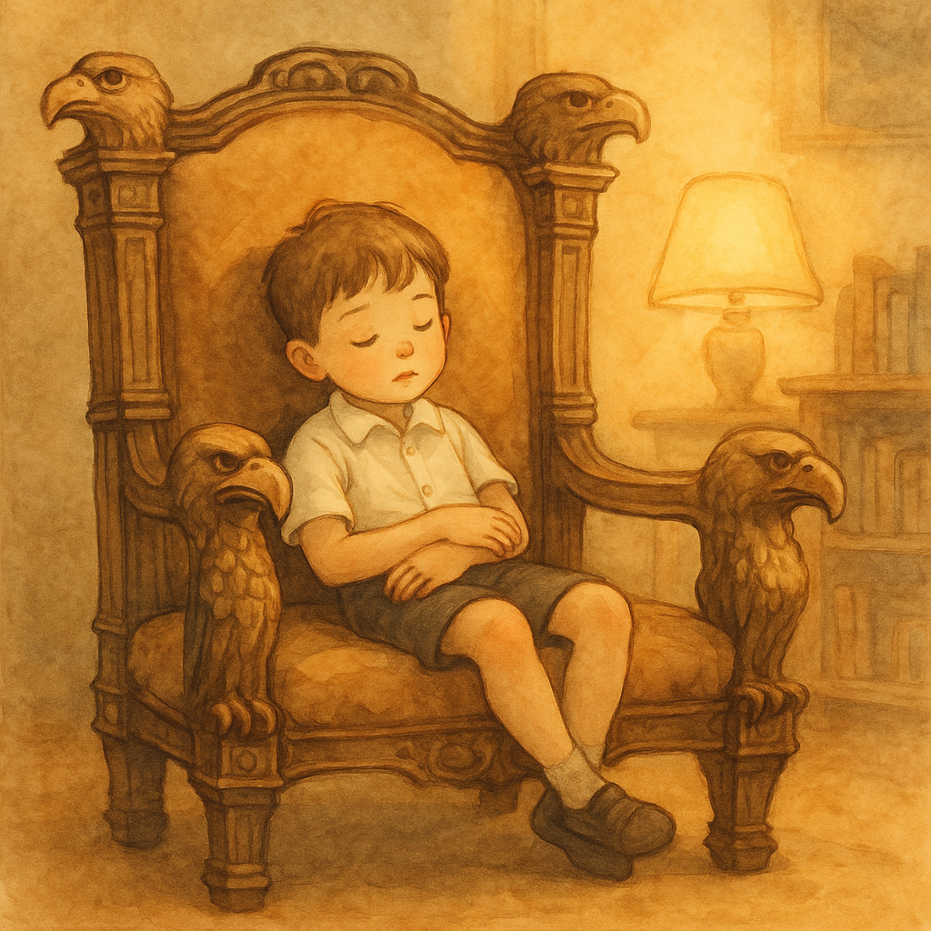A young boy sleeping in an antique chair with carved eagle heads, from The Tired Eagles