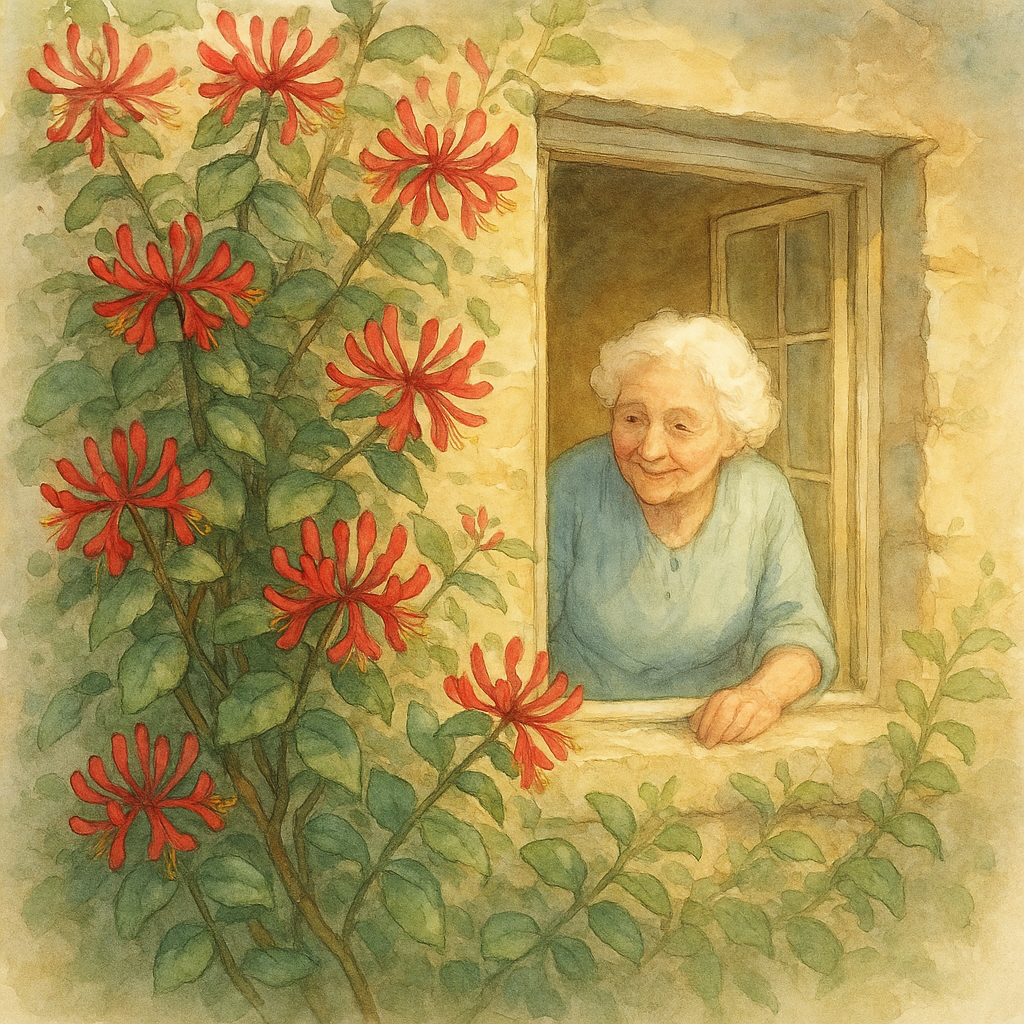 An elderly woman smiling at a blooming red honeysuckle vine outside her window, illustrating The Tired Honeysuckle.