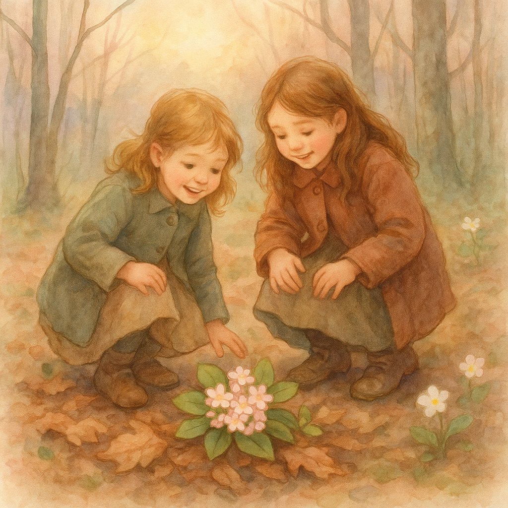Two young girls discovering trailing arbutus flowers in a spring forest, illustration for The Trailing Arbutus.