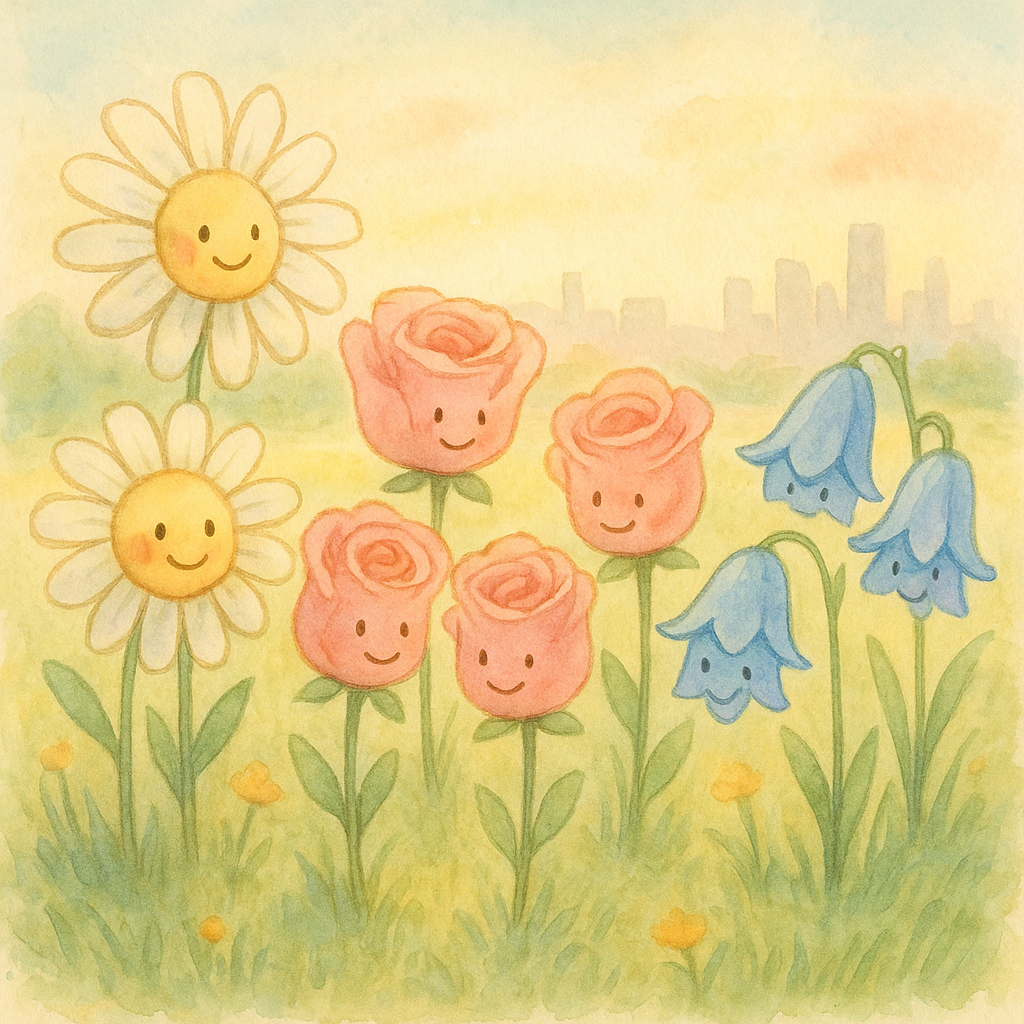 Cheerful anthropomorphized flowers gathered in a sunny meadow in The Traveling Flowers
