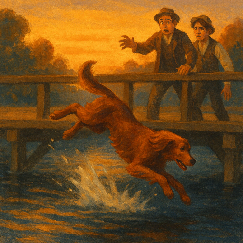 Dash the Irish setter leaps from a bridge into the river in The True Story of a Dog.