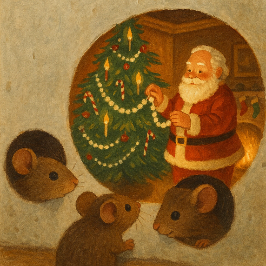 Two little mice peek through holes in the wall at Santa decorating the Christmas tree, in The Two Little Mice's Christmas Eve Party.