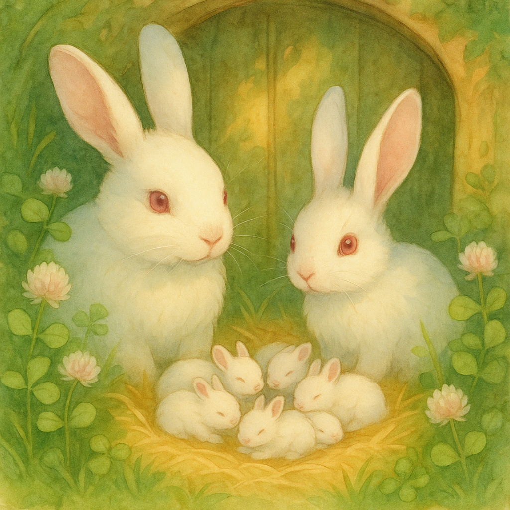 Clover and Pinky, two white rabbits, with their seven newborn kits in the garden from The Two Rabbits.