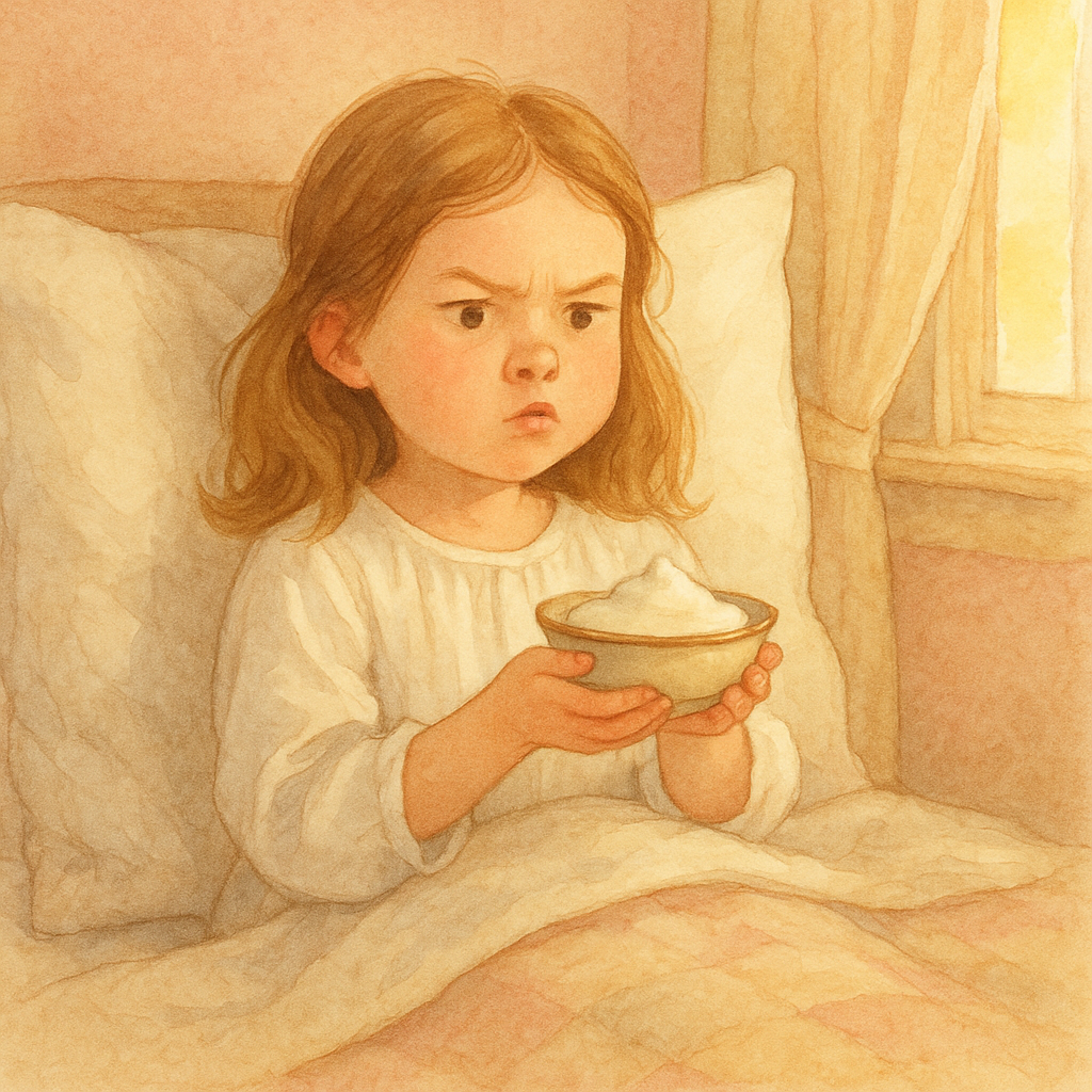 A young girl in a nightgown greets her bowl of pudding like royalty, scene from The Visitors.