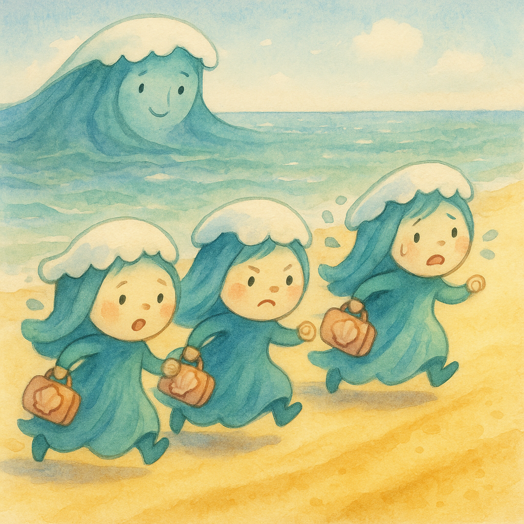 Personified waves carrying shell suitcases scramble up a sunny beach in The Waves Go Adventuring.