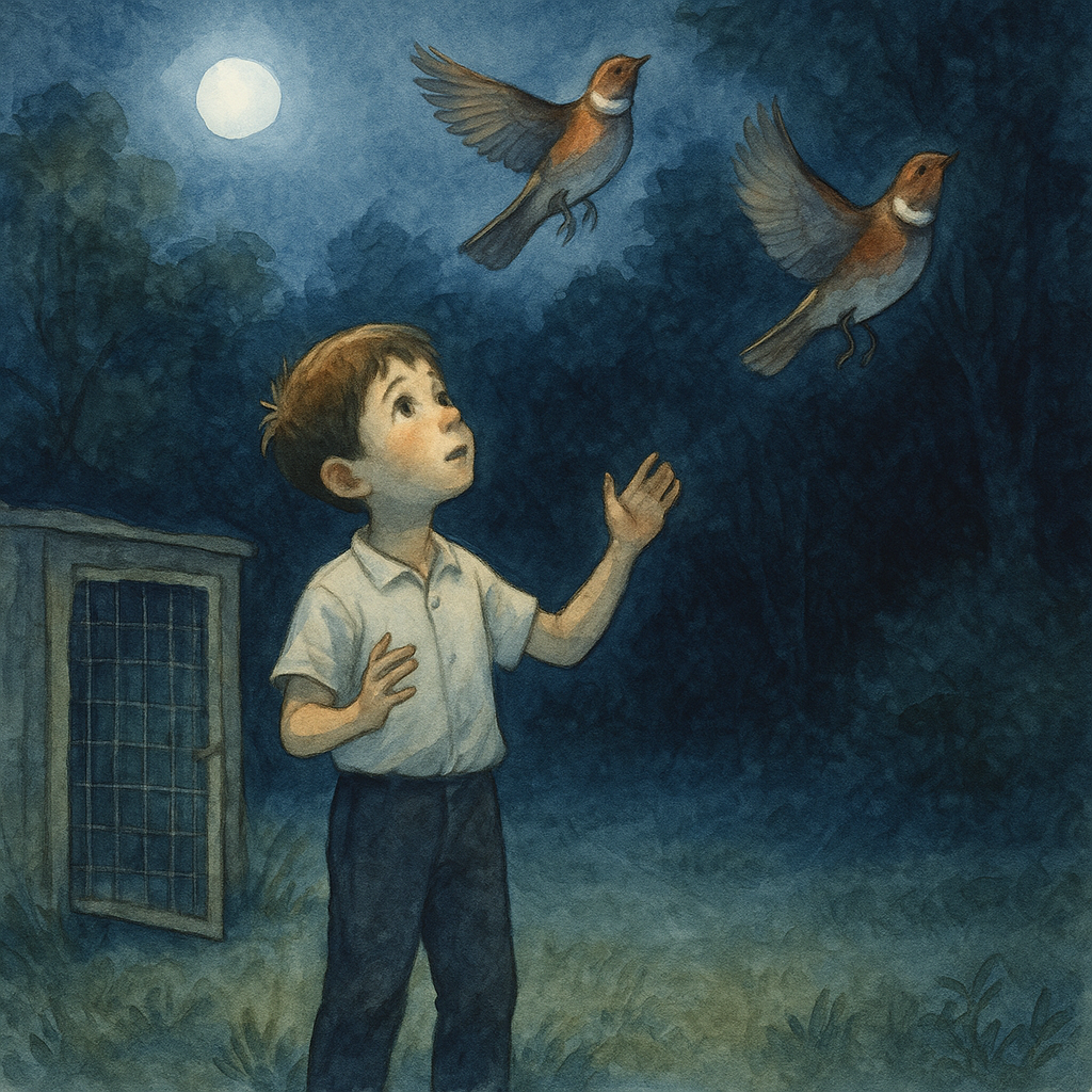 A boy watches two whippoorwills fly free toward the dark forest in The Whippoorwills