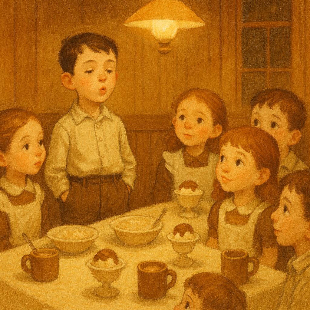 A boy whistling with hands in pockets at a children's party table, in The Whistling Boy