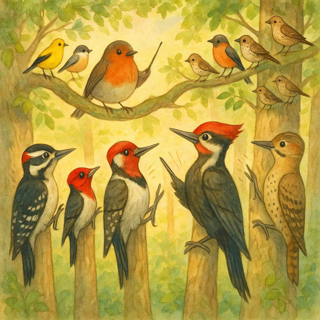 A robin conducts a woodland band of woodpeckers and songbirds at sunrise in The Woodpecker Band.