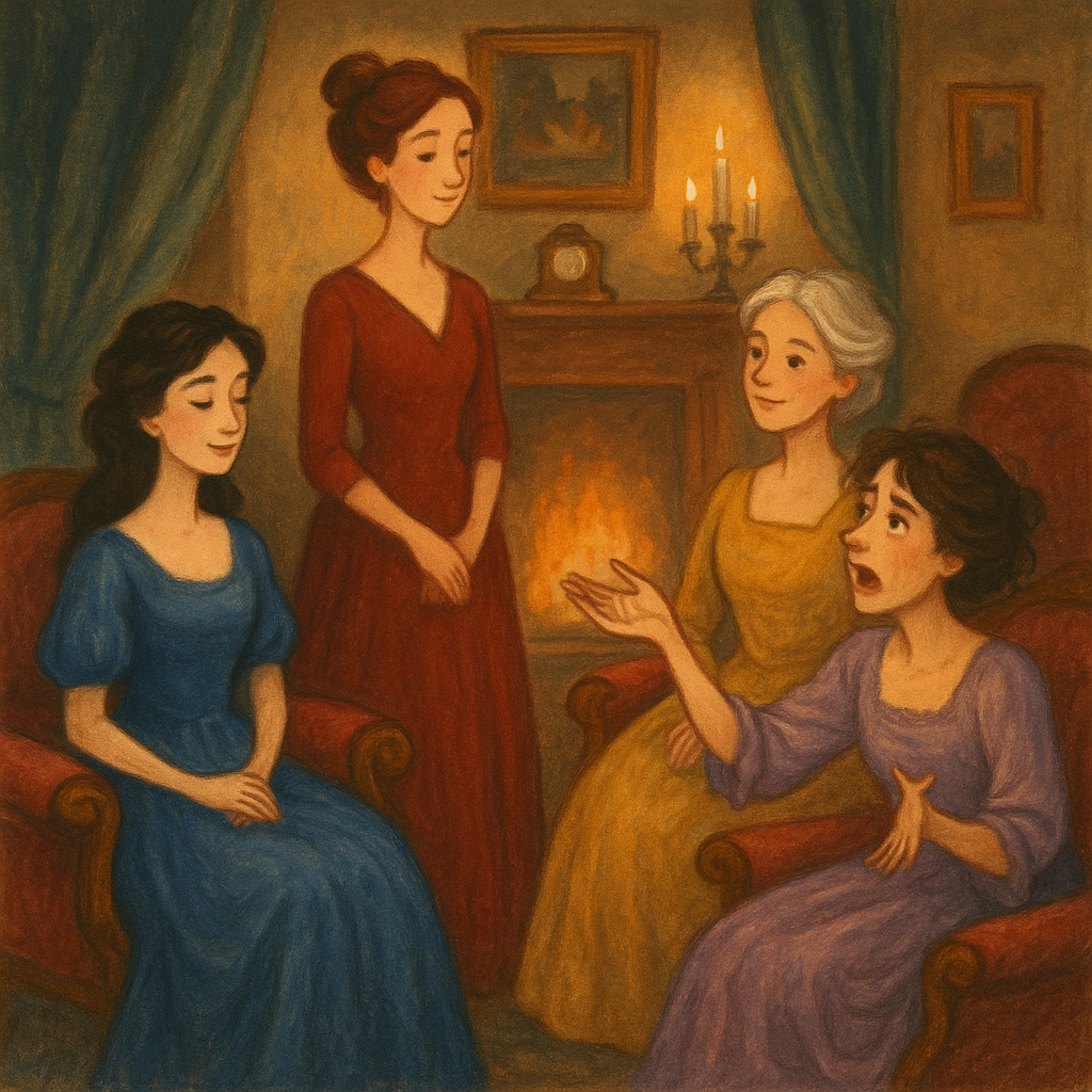 Four word-characters as elegantly dressed women in a cozy Victorian parlour, illustrating The Words by Mary Graham Bonner.