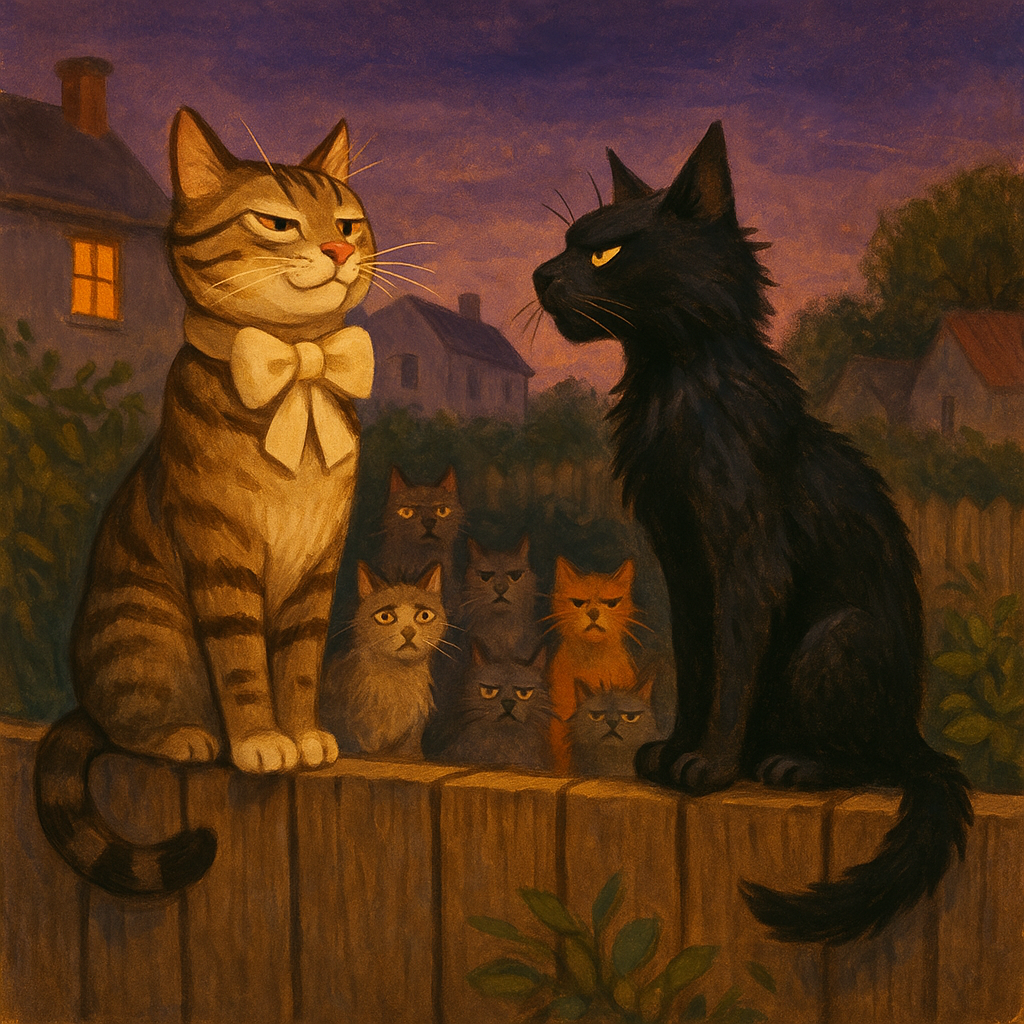 Tiger West the pampered tabby cat boasting to Mr. Black Cat on the back fence, illustration for Tiger West's Food