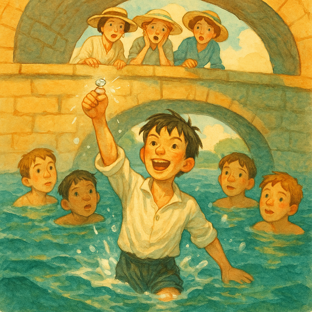 A boy surfaces from the sea holding a diamond ring above his head in Toody Ruggles' Luck.