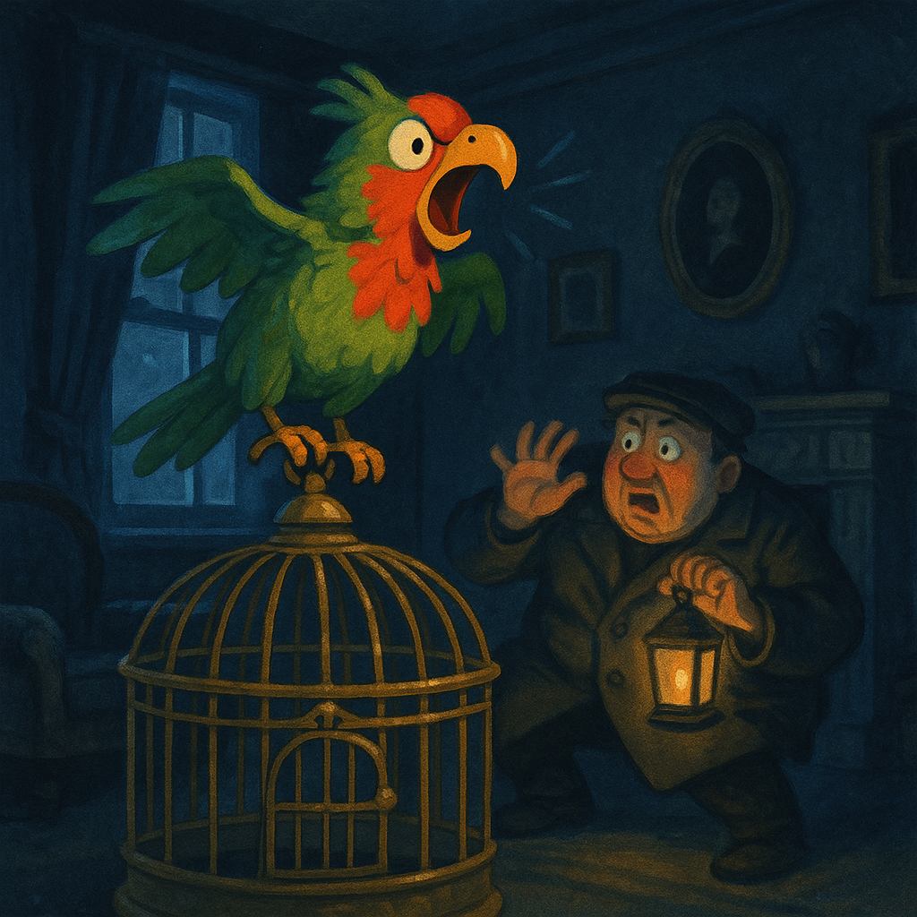 A bold parrot shrieks at a startled burglar in the dark — scene from Trixie's Burglar