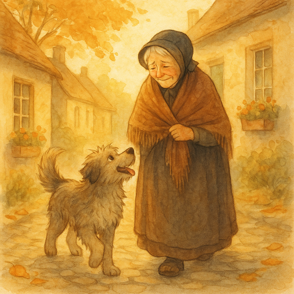 An elderly woman walks a shaggy young dog through a village street in "Welcome, the Dog"