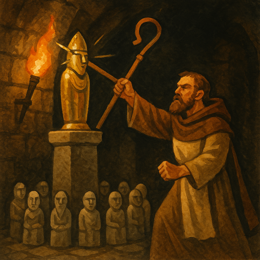 St. Patrick strikes a golden idol with his crozier in a stone hall, illustrating Why the Shamrock Is Worn on St. Patrick's Day.