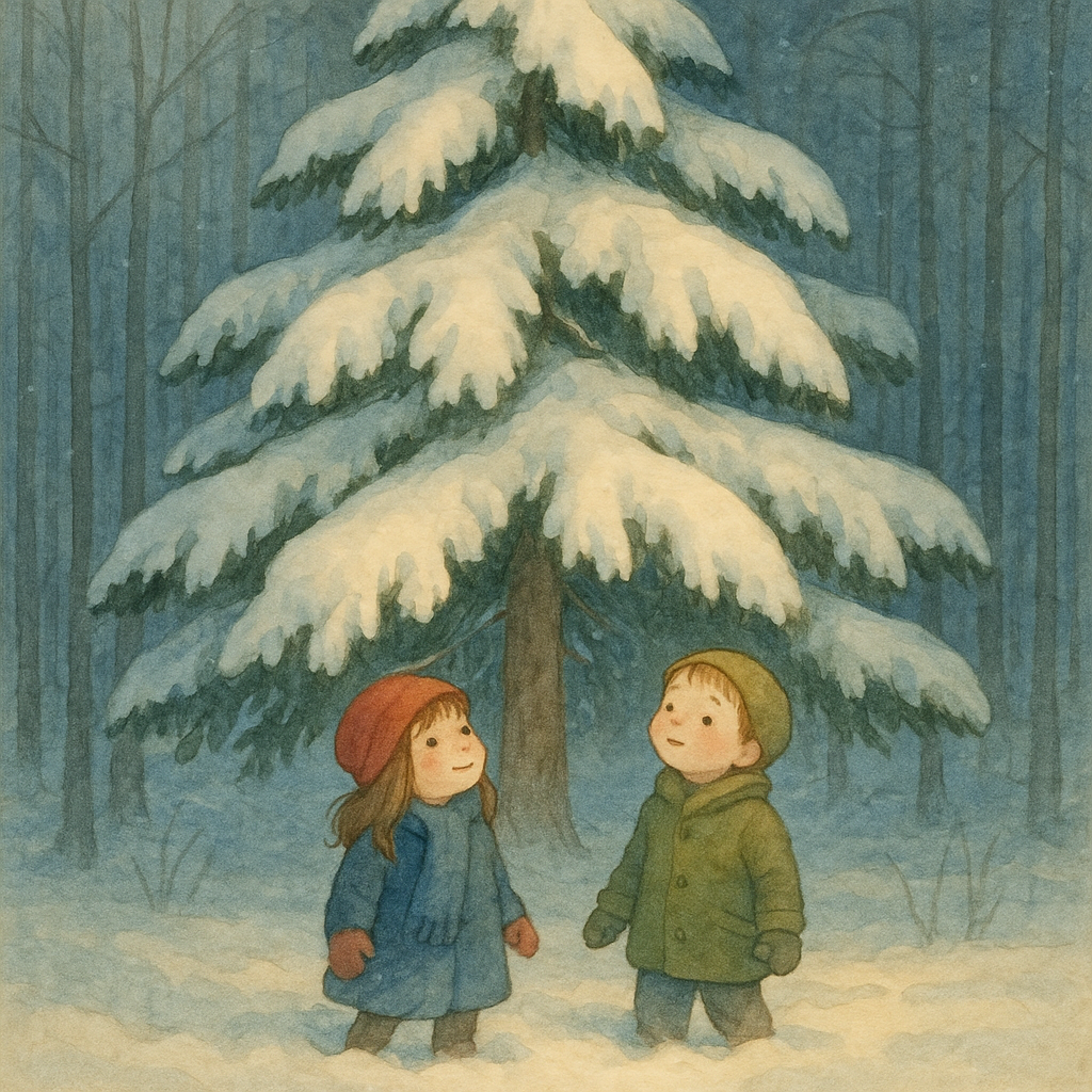 Two children look up in wonder at a snow-covered pine tree in "Winter Trees" by Mary Graham Bonner.