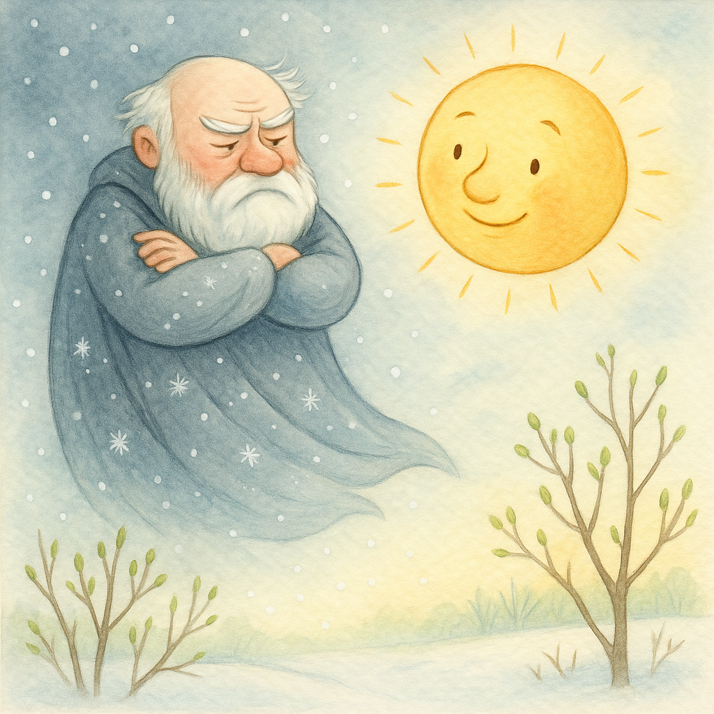 Illustration of sulky Winter and cheerful Mr. Sun in the sky for Winter's Exit by Mary Graham Bonner