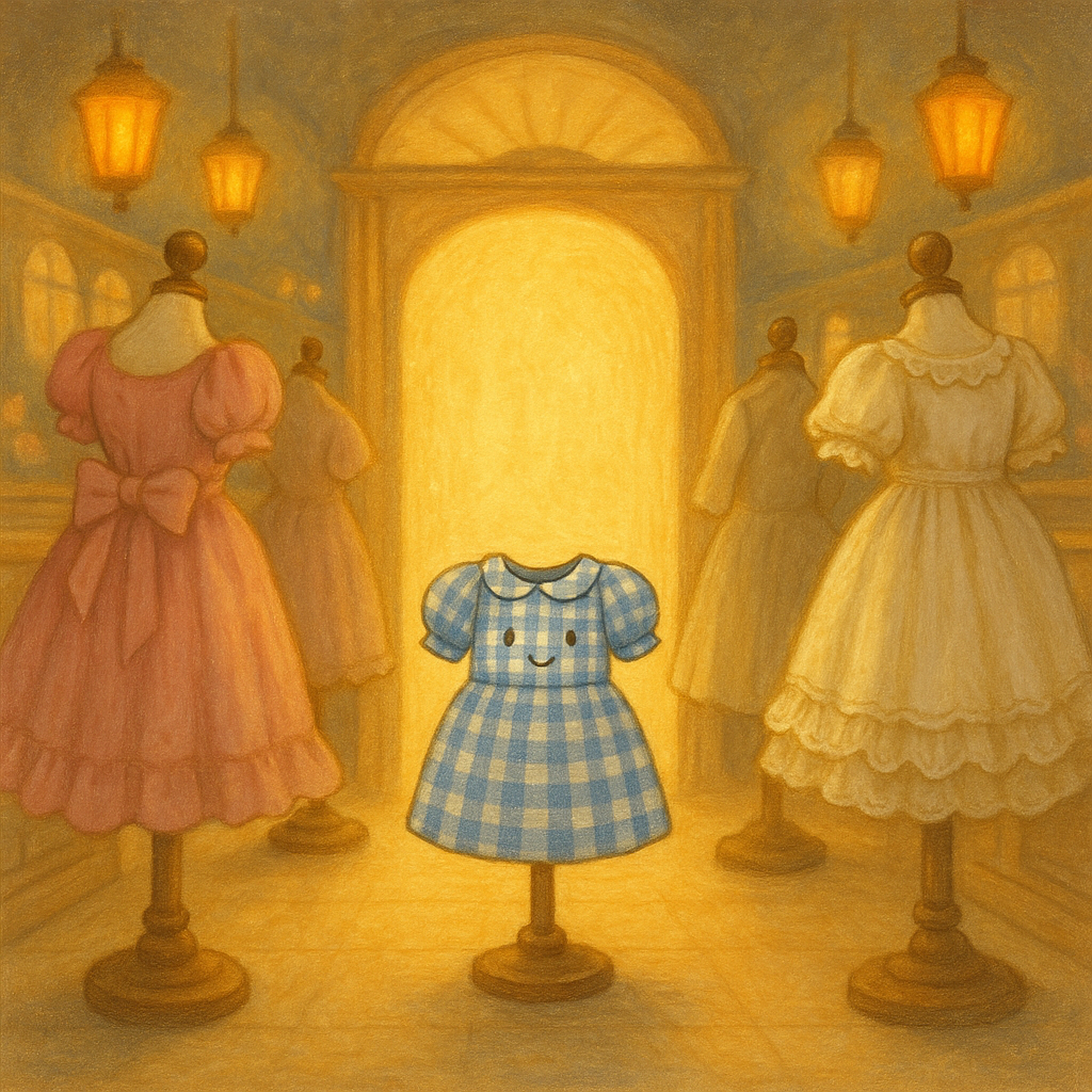 A wistful gingham dress stands alone among snobbish party frocks in a magical store, in Wishes.