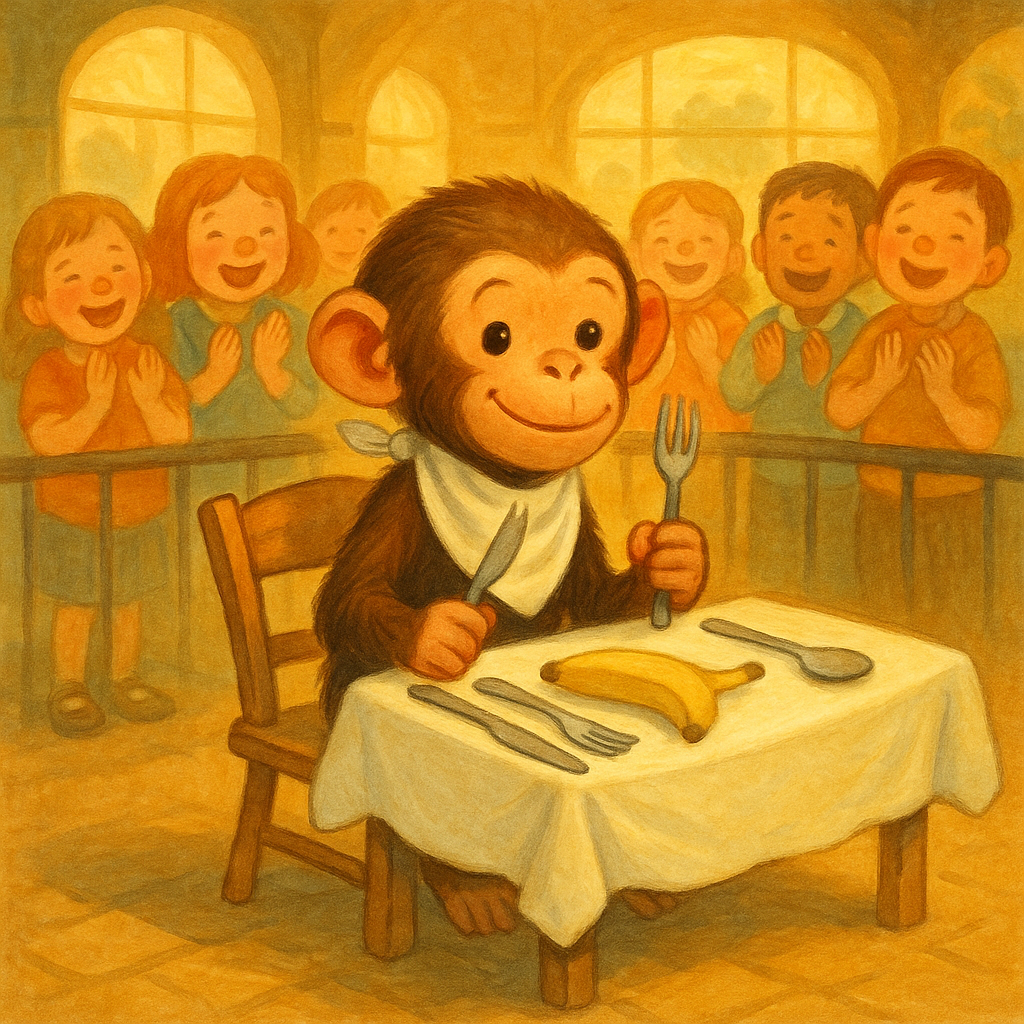 A monkey in a napkin sits at a tiny table eating dinner with a fork in the story Zuzeppa, the Monkey.