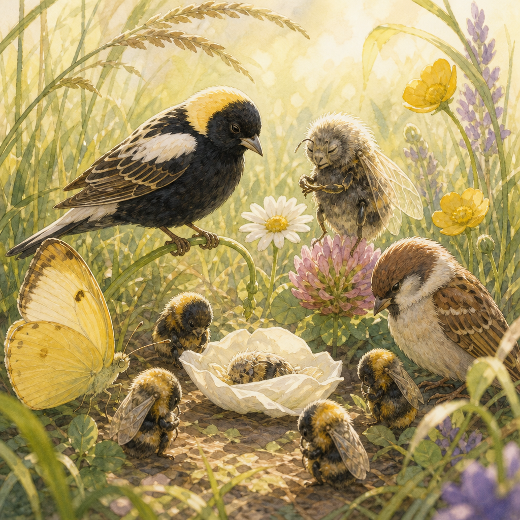 Watercolor of an aged bee addressing a bobolink and mourners in a meadow, from Emily Dickinson's "A brief, but patient illness".