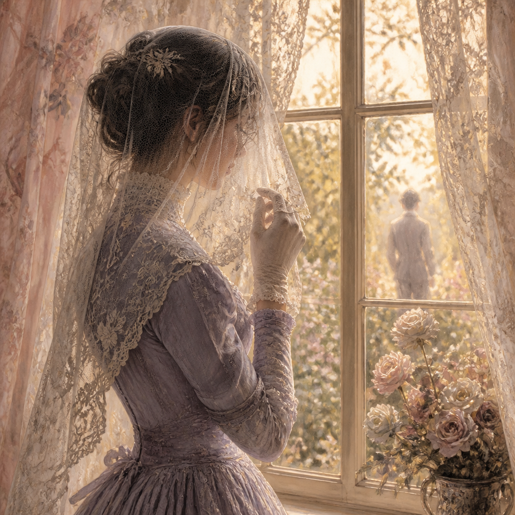 A veiled Victorian lady hesitates at a lace-curtained window in an illustration for Emily Dickinson's "A charm invests a face".