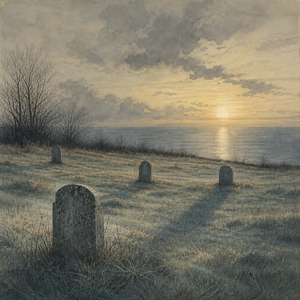 Pale grass and long shadows at dusk in a quiet meadow by the sea, illustrating the poem A chilly Peace infests the Grass.