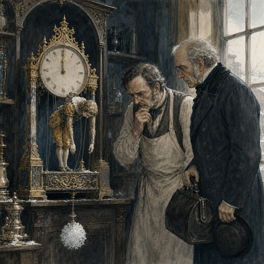 Stopped puppet clock with a snow pendulum, a shopman and doctor looking on, for Emily Dickinson's "A clock stopped".