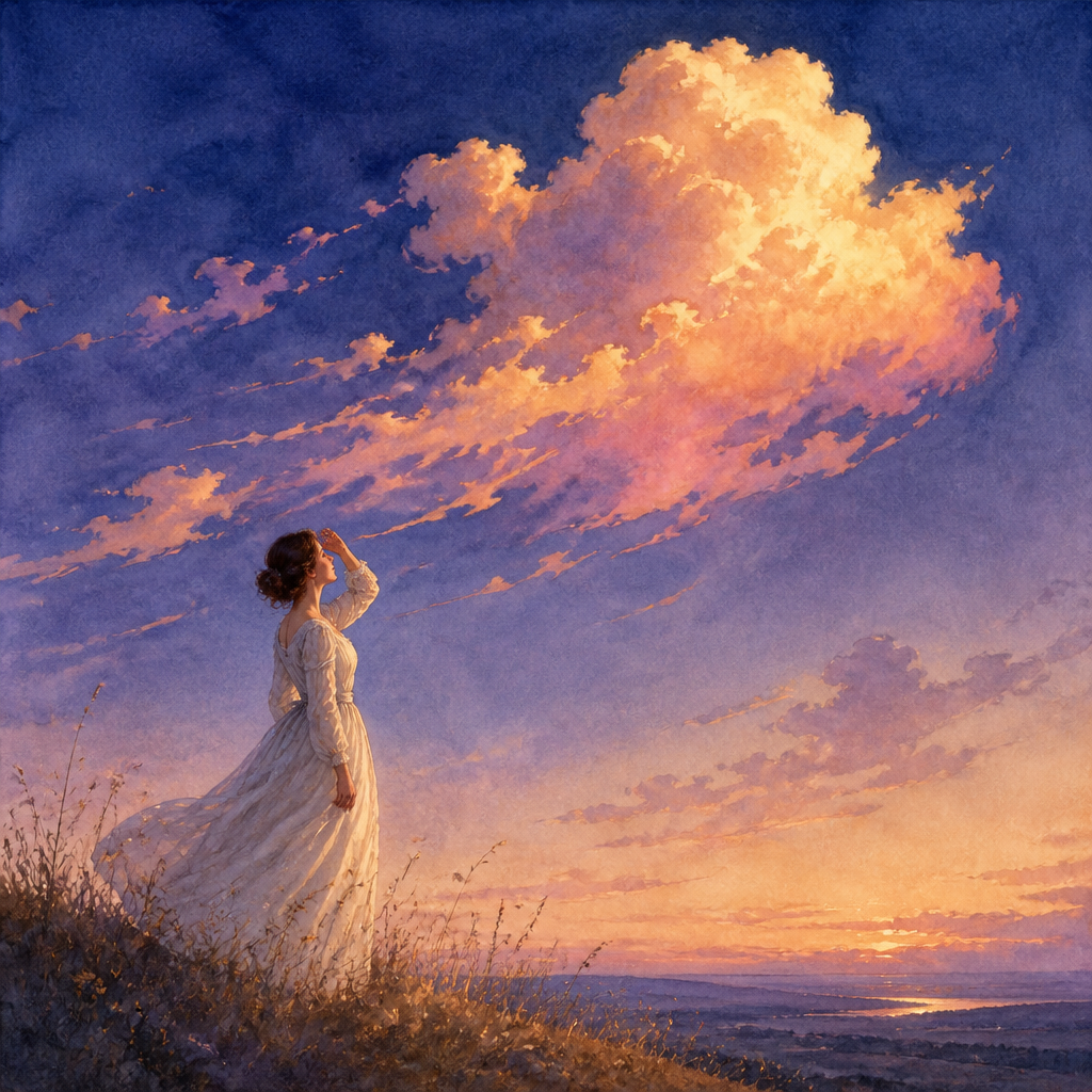 A woman on a hillside watches a glowing golden cloud drift away, illustrating Emily Dickinson's "A Cloud withdrew from the Sky".