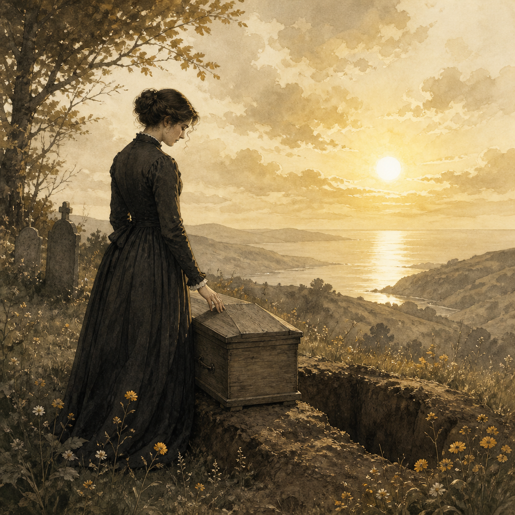 Woman beside a small coffin and open grave, with a vast sunlit horizon beyond, for Emily Dickinson's "A Coffin — is a small Domain".