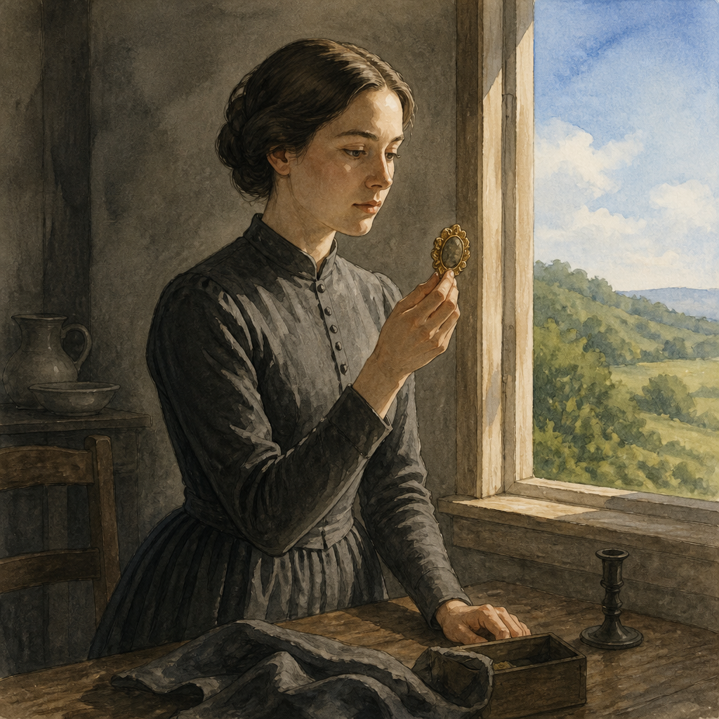 A woman in a plain dress studies a flaking gilded brooch by a sunlit window, illustrating Emily Dickinson's poem A Counterfeit.