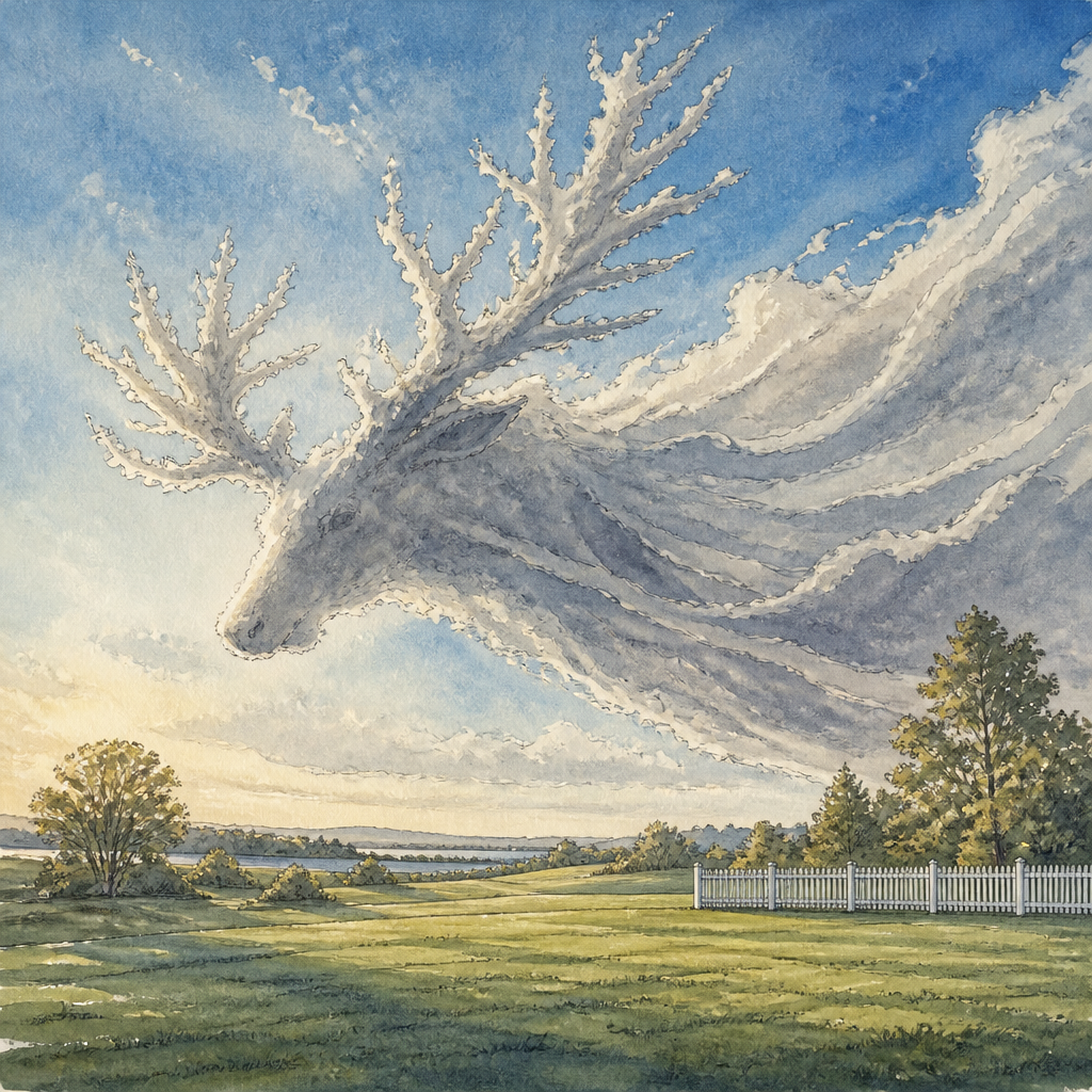 A gray antlered cloud leans low over a green lawn in an illustration for Emily Dickinson's "A curious Cloud surprised the Sky"