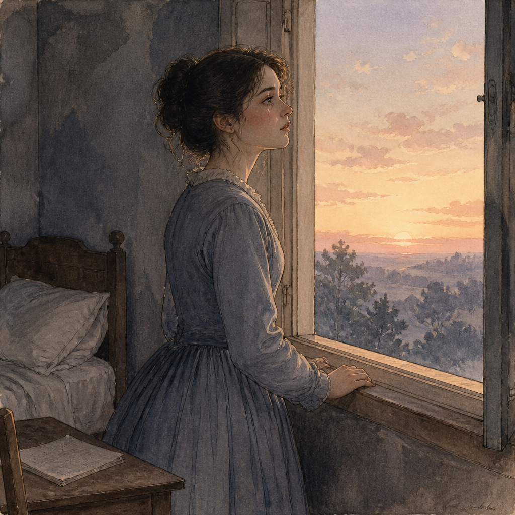 A young woman at her window at dawn, illustrating Emily Dickinson's poem "A darting fear—a pomp—a tear".