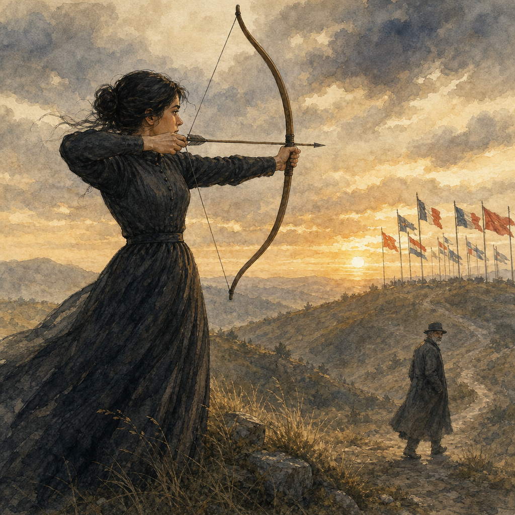 Woman with a drawn bow at dawn, flags in the distance, illustrating Emily Dickinson's poem "A Day! Help! Help! Another Day!"