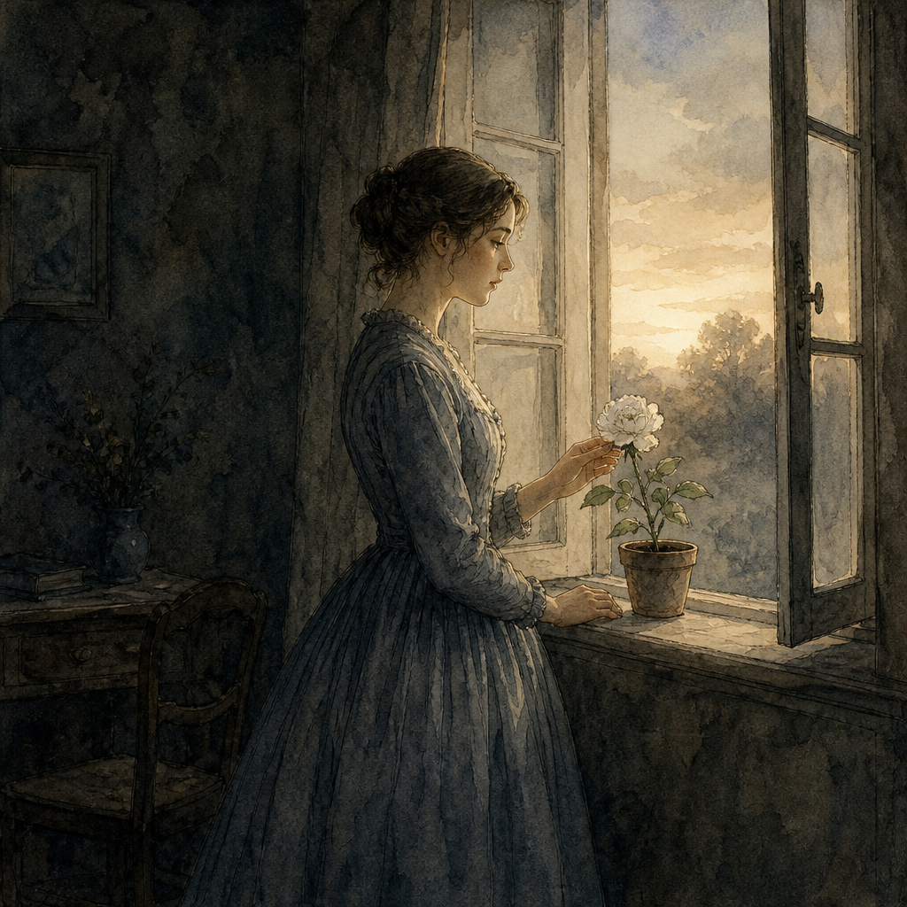 A woman in a dim room touches a blooming flower in dawn light, illustrating Emily Dickinson's poem A Death blow is a Life blow to Some