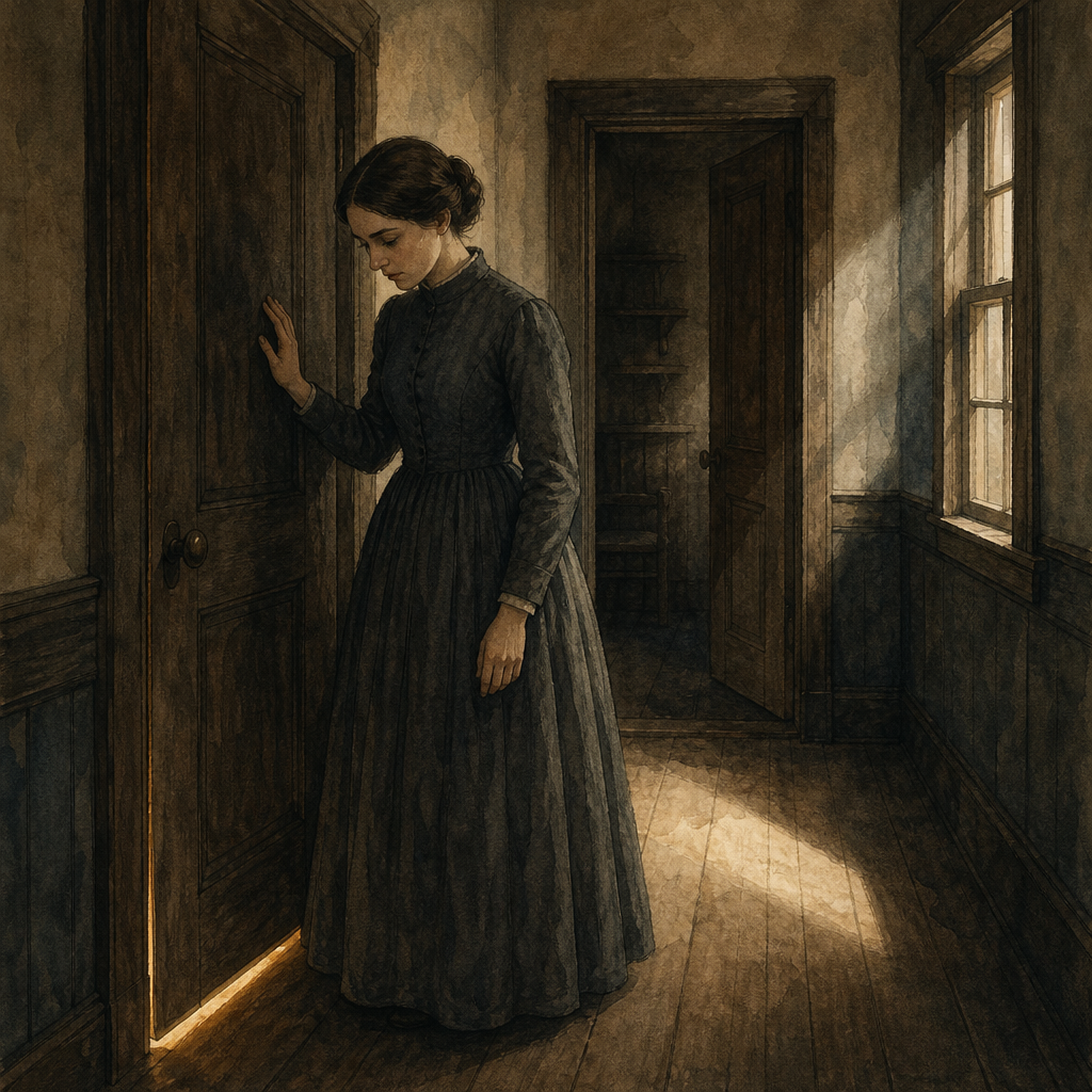 A woman in a dim hallway rests her hand on a closed door, listening, illustrating Emily Dickinson's "A Deed knocks first at Thought".