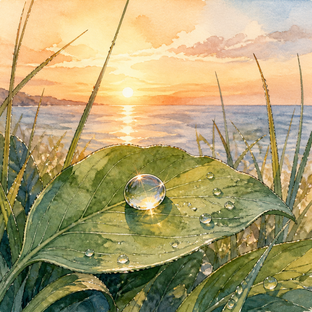 A glistening dewdrop on a green leaf at sunrise, illustrating Emily Dickinson's poem "A Dew sufficed itself—".