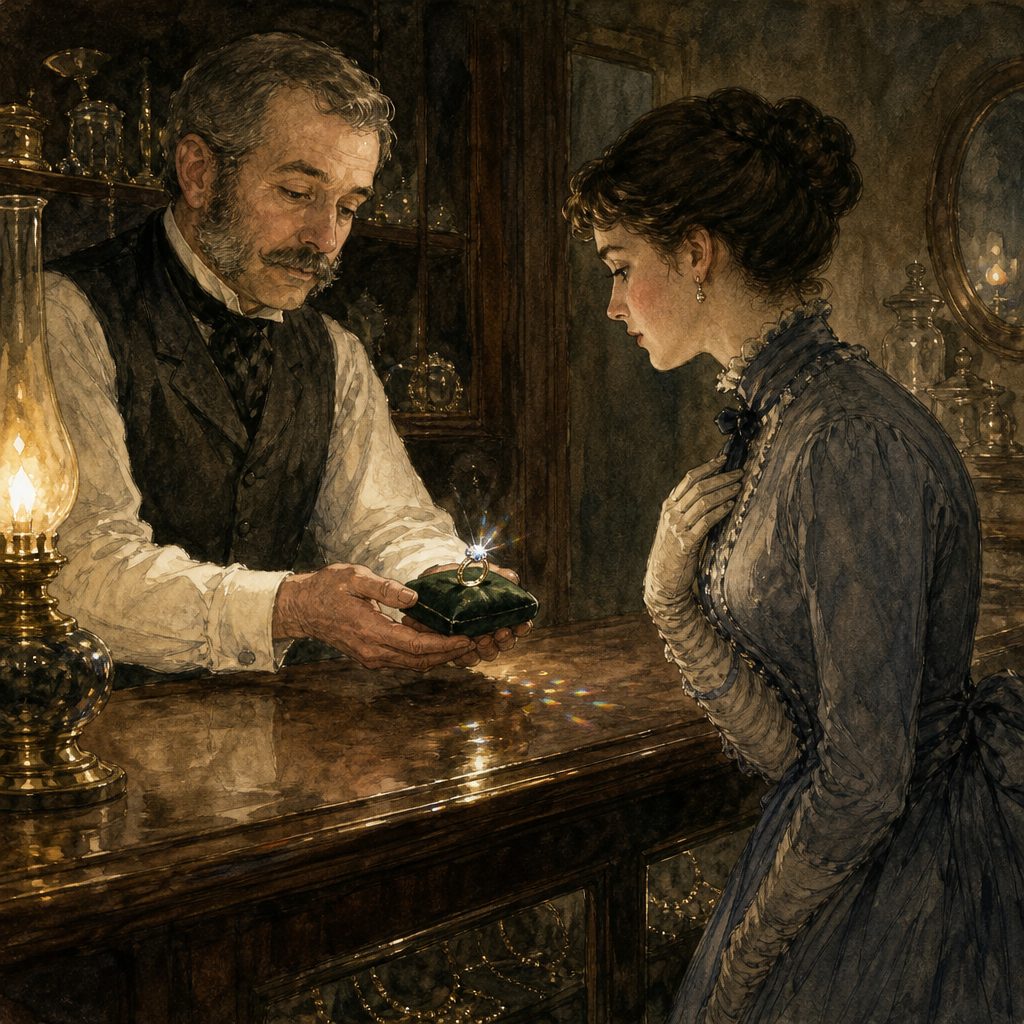 A woman gazes longingly at a diamond ring in a jeweler's shop, illustrating Emily Dickinson's poem A Diamond on the Hand.