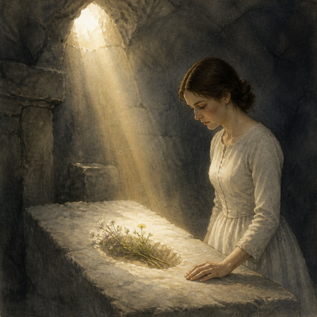 Woman in white touches a small dimple in a stone tomb lit by warm light, illustrating Emily Dickinson's A Dimple in the Tomb