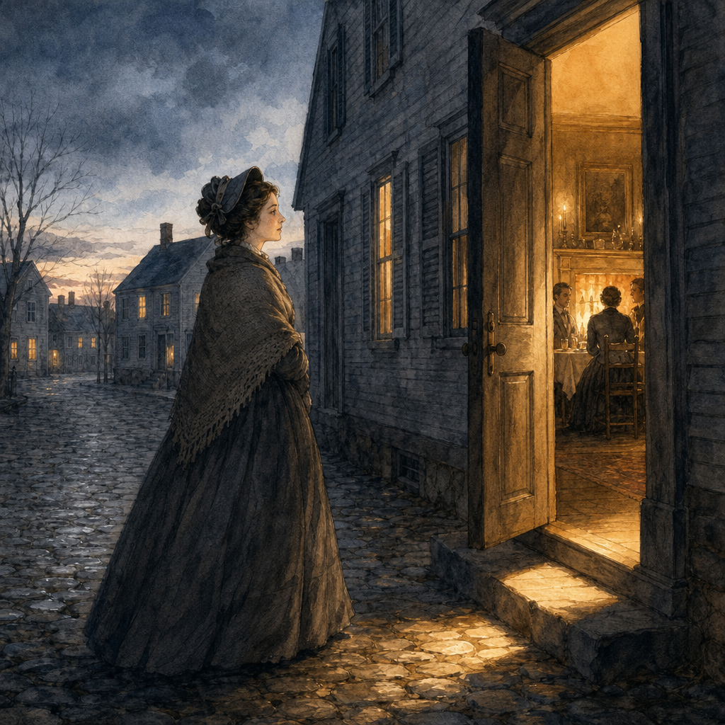 A lonely woman pauses on a dusky street as an open door spills warm light, illustrating A Door just opened on a street.