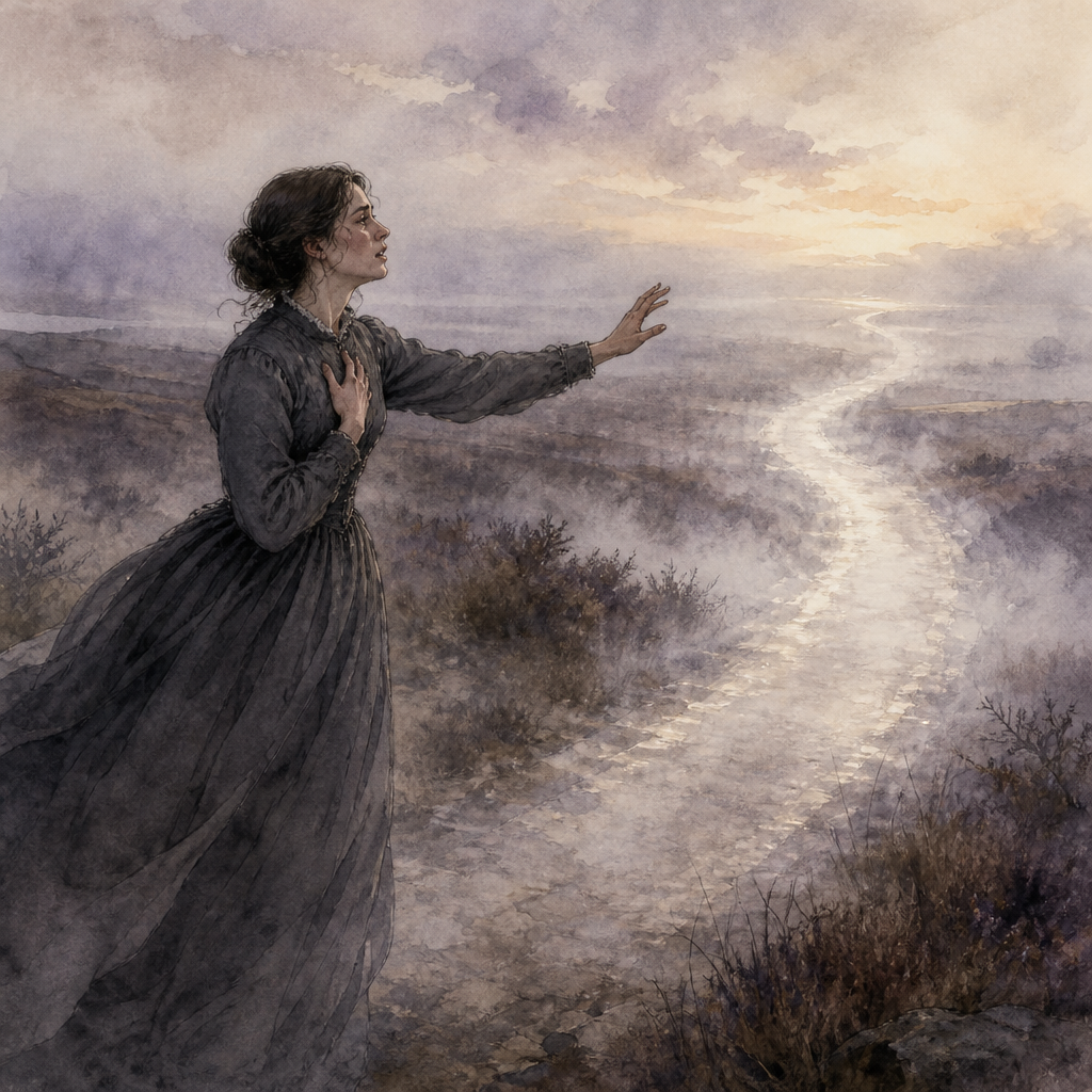 Woman in a grey dress reaches toward a misty mirage on a moor, illustrating Emily Dickinson's poem A Doubt If It Be Us
