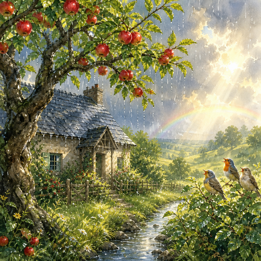 Raindrops falling on an apple tree and cottage roof, illustrating Emily Dickinson's poem A Drop Fell on the Apple Tree