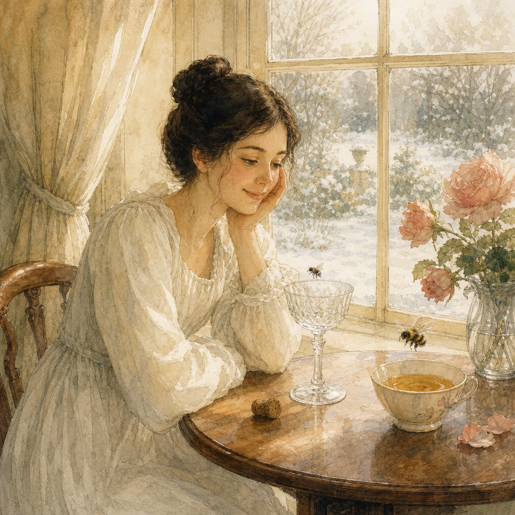 Watercolor of a woman dreamily watching a fly on a glass beside a cork, illustrating A Drunkard cannot meet a Cork