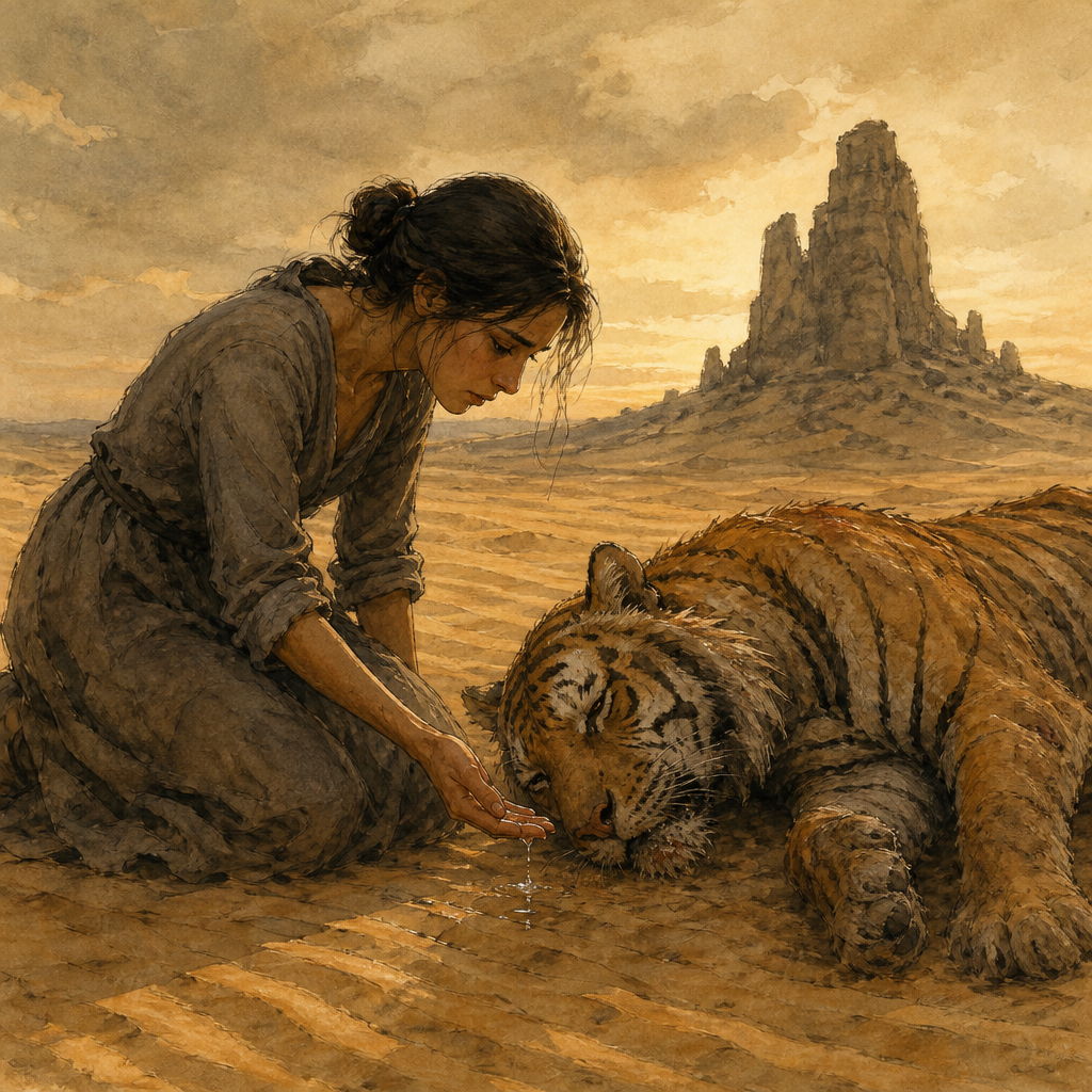 Woman offering a few drops of water to a dying tiger on desert sand, illustrating Emily Dickinson's A Dying Tiger—moaned for Drink