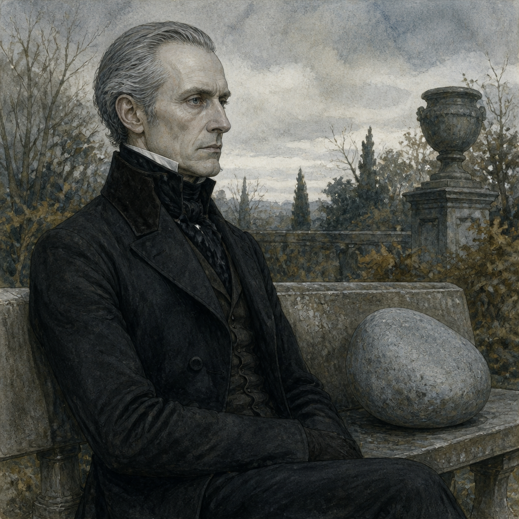 A stern man sits beside a gray stone, illustrating Emily Dickinson's poem "A face devoid of love or grace"