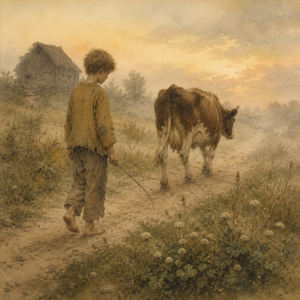 A pale, faded boy in sallow clothes driving a lone cow into the mist, illustrating Emily Dickinson's poem A faded Boy.