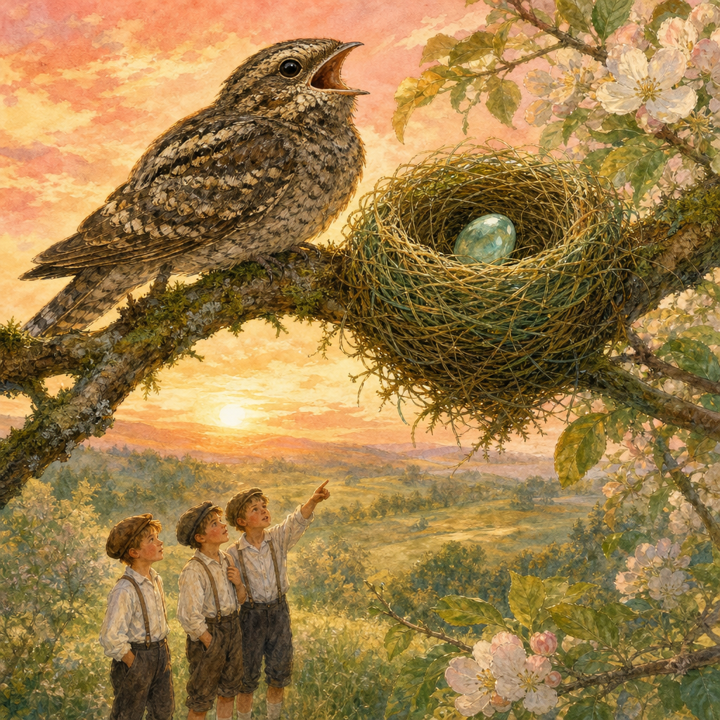 Schoolboys look up at a whippoorwill and its emerald nest with a beryl egg at sunrise, illustrating A Feather from the Whippoorwill.