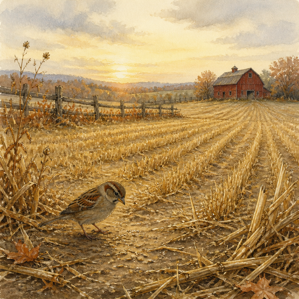 Timid bird on a stubble field at harvest's end, illustrating Emily Dickinson's poem A Field of Stubble, lying sere.