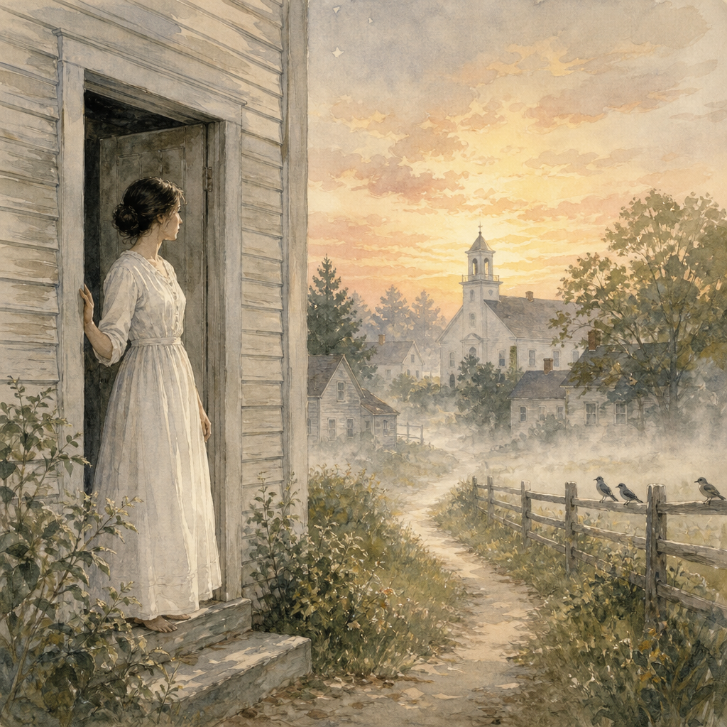 A woman in white stands at an old house door at dawn, a distant church bell tower beyond, for Emily Dickinson's A first Mute Coming.
