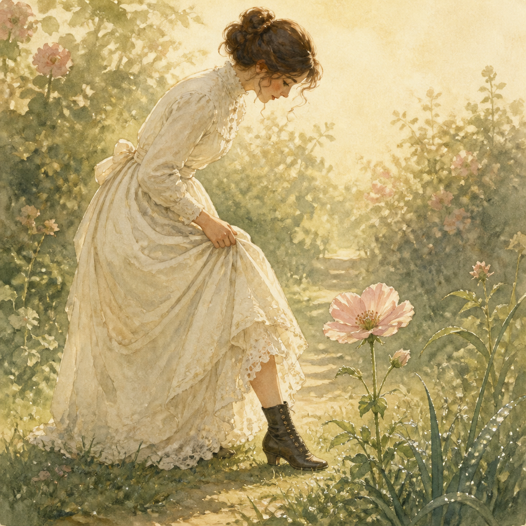 Watercolor of a woman's tiny boot beside a pink flower, illustrating Emily Dickinson's poem A Flower will not trouble her