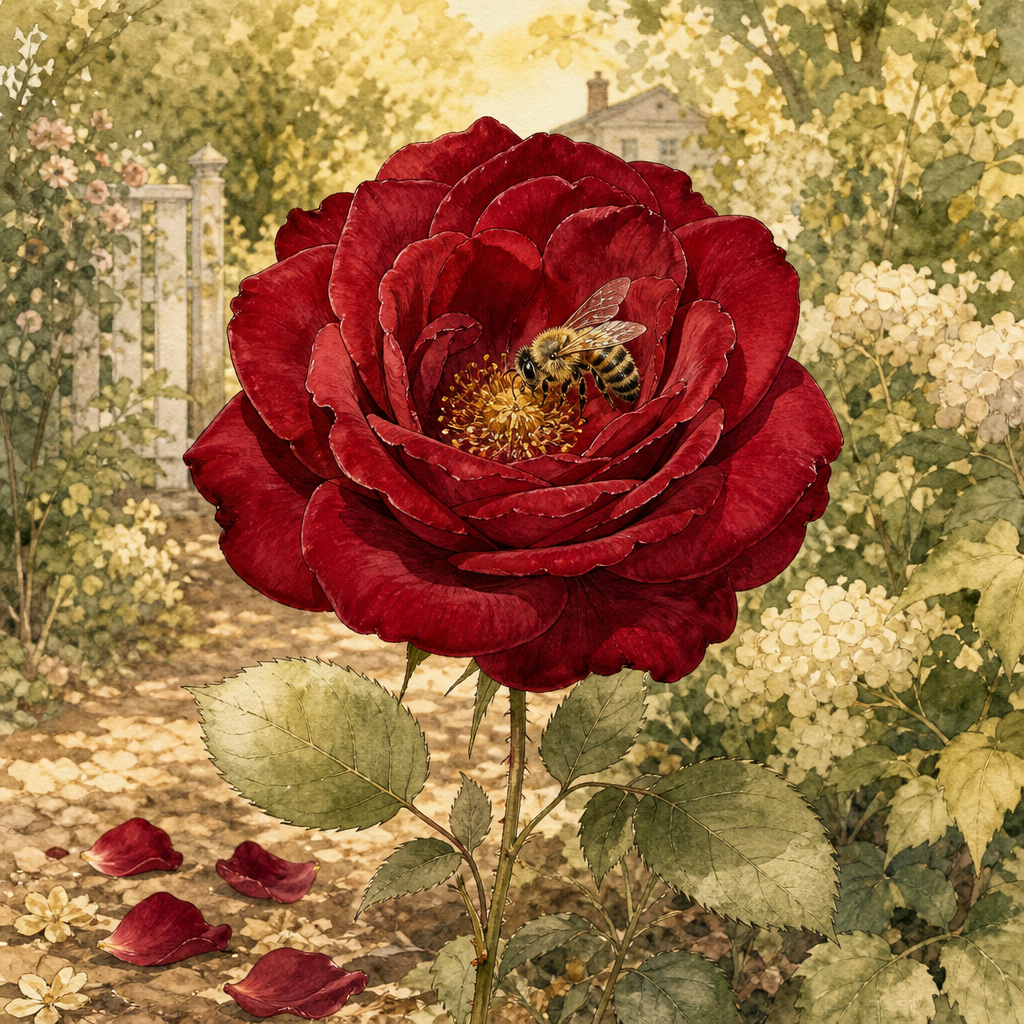 A crimson rose in full bloom with a honey bee feeding at its center, illustrating Emily Dickinson's "A full fed Rose on meals of Tint".